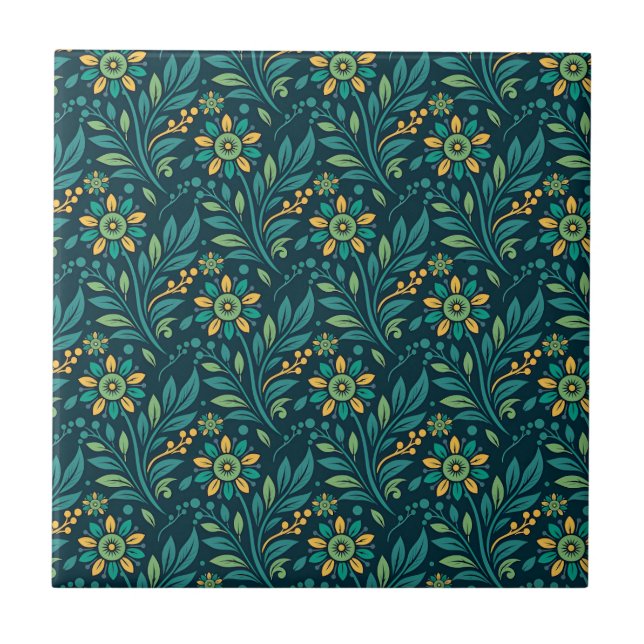Elegant Yellow and Teal Floral Pattern Design Ceramic Tile (Front)