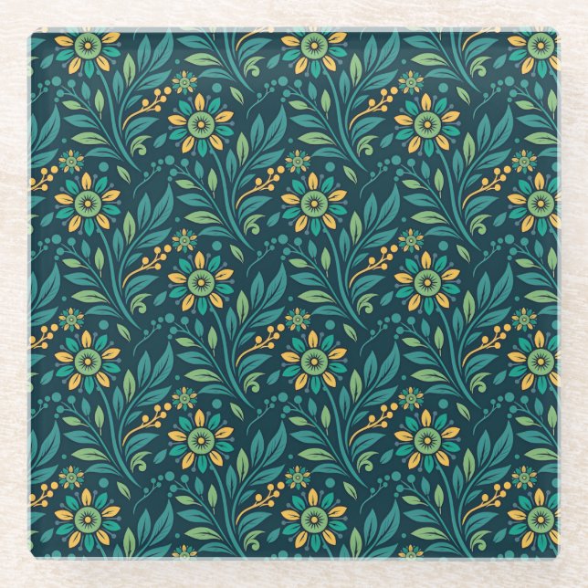 Elegant Yellow and Teal Floral Pattern Design Glass Coaster (Front)