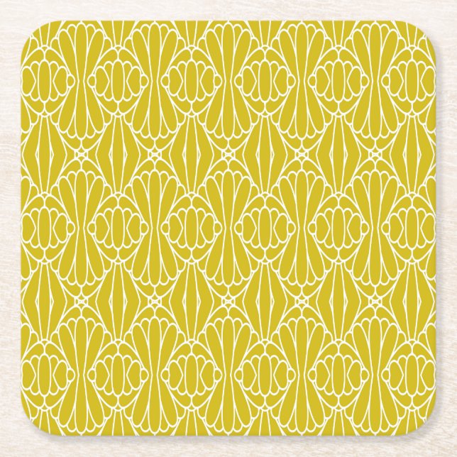 Elegant Yellow Art Deco Pattern with Diamond Motif Square Paper Coaster (Front)