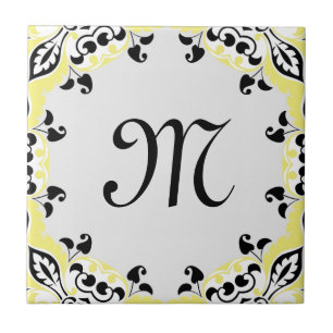 Elegant Yellow Black & White Pattern with Monogram Ceramic Tile