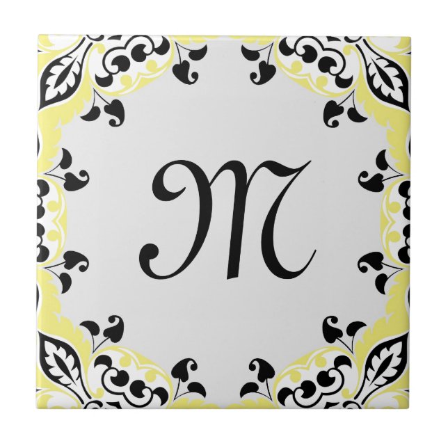 Elegant Yellow Black & White Pattern with Monogram Ceramic Tile (Front)