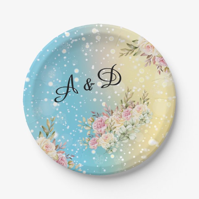 Elegant yellow, Blue  Snow, Pink Floral  Paper Plate (Front)