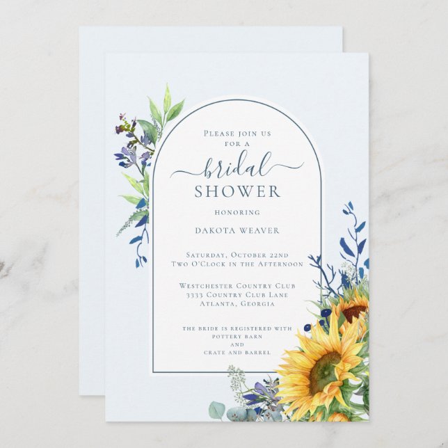 Elegant Yellow Blue Sunflower Bridal Shower Invitation (Front/Back)