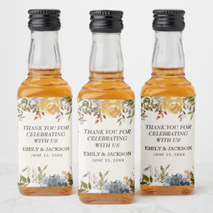Elegant Yellow Blue Watercolor Floral Wedding Liquor Bottle Label