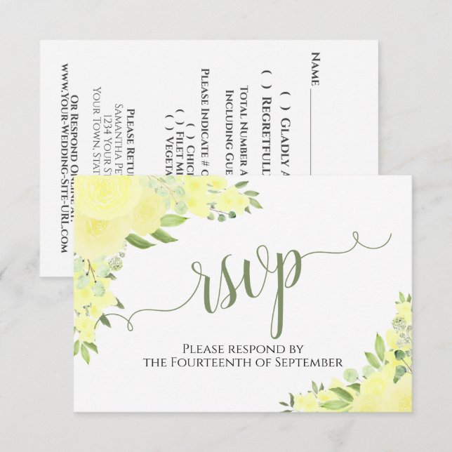 Elegant Yellow Boho Floral Calligraphy Wedding RSVP Card (Front/Back)
