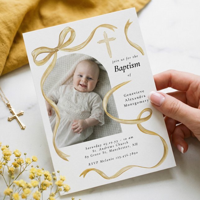 Elegant Yellow Bow Baptism Baby Photo Arch Cross  Invitation (Elegant Yellow Bow Baptism Baby Photo Arch Cross Invitation)