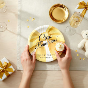Elegant Yellow Bow 'Ciao Bambina!' Baby Shower Paper Plate
