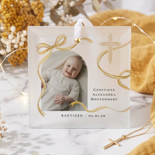 Elegant Yellow Bow Cross Baptism Christening Photo Glass Tree Decoration