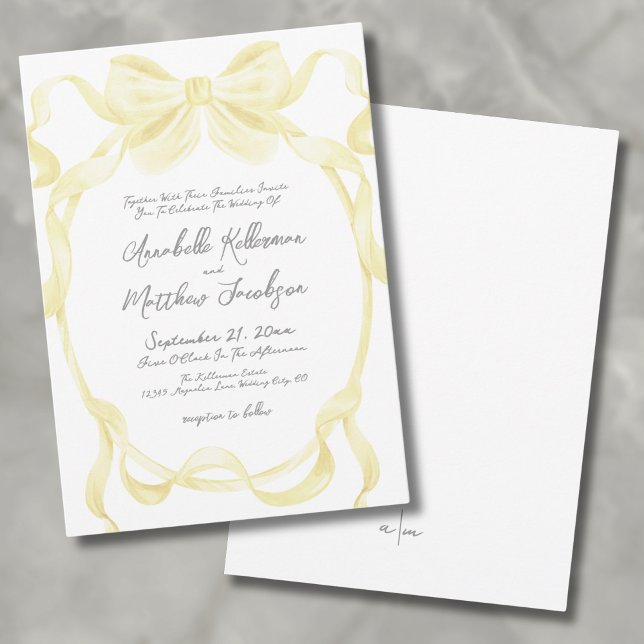 Elegant Yellow Bow Ribbons Whimsical Wedding Invitation (Elegant Yellow Bow Ribbons Whimsical Wedding Invitation)