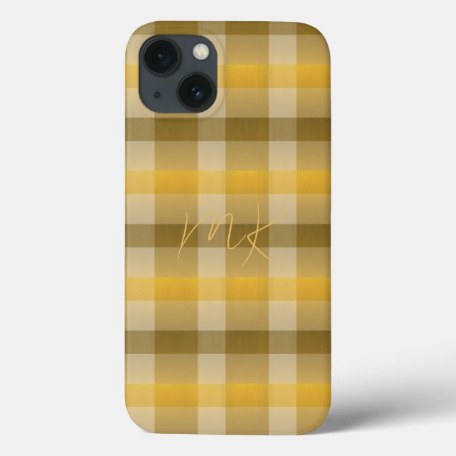 Elegant Yellow Brown Plaid Pattern Monogrammed Case-Mate iPhone Case (Back)