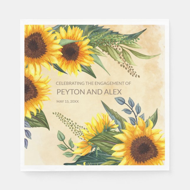 Elegant Yellow Brown Sunflowers Engagement Party Napkin (Front)