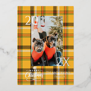 Elegant Yellow Buffalo Plaid Christmas Foil Holiday Card