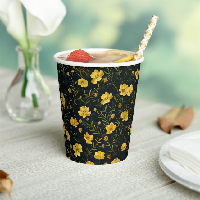 Elegant Yellow Buttercup Flower Pattern Party Paper Cups (Insitu)