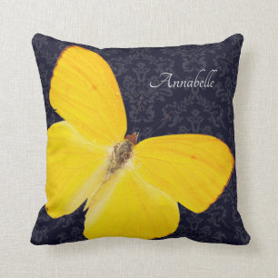 Elegant Yellow Butterfly Black Damask Add Name Cushion