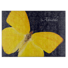 Elegant Yellow Butterfly Black Damask Add Name Cutting Board