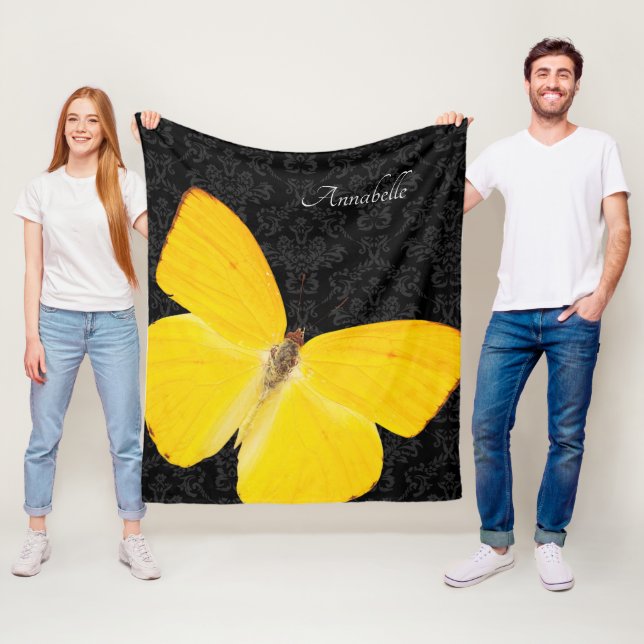 Elegant Yellow Butterfly Black Damask Add Name Fleece Blanket (In Situ)