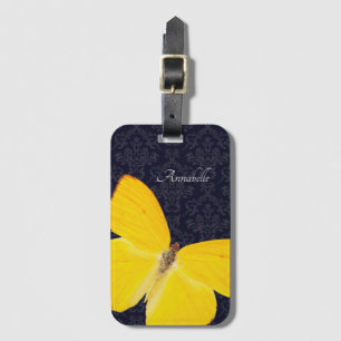 Elegant Yellow Butterfly Black Damask Add Name iP Luggage Tag