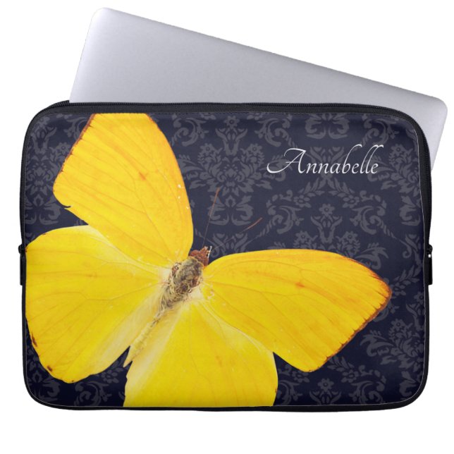 Elegant Yellow Butterfly Black Damask Add Name Laptop Sleeve (Front)