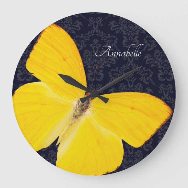 Elegant Yellow Butterfly Black Damask Add Name Large Clock (Front)