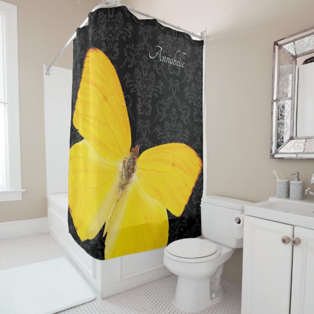 Elegant Yellow Butterfly Black Damask Add Name Shower Curtain (In Situ)