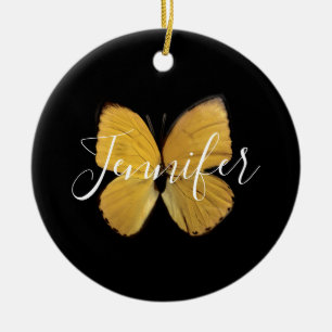 Elegant Yellow Butterfly Script Personalized Ceramic Ornament