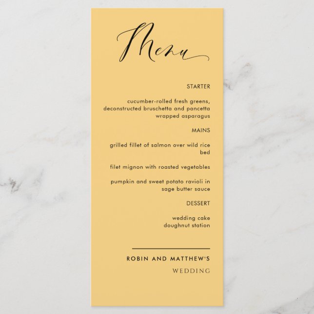 Elegant Yellow, Calligraphy Wedding / Reception Me Menu (Front)