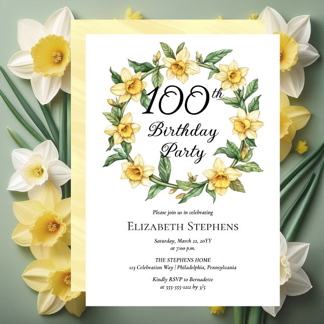 Elegant Yellow Daffodils Floral 100th Birthday Invitation (Elegant Yellow Daffodils Floral 100th Birthday Party Invitation -- Print | Download)