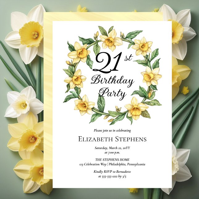 Elegant Yellow Daffodils Floral 21st Birthday Invitation (Elegant Yellow Daffodils Floral 21st Birthday Party Invitation - Print and/or Digital Download)