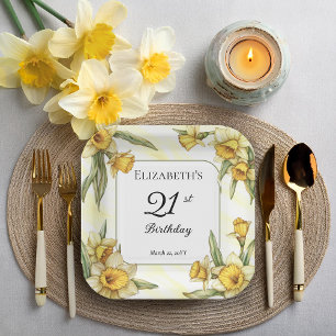 Elegant Yellow Daffodils Floral 21st Birthday Paper Plate