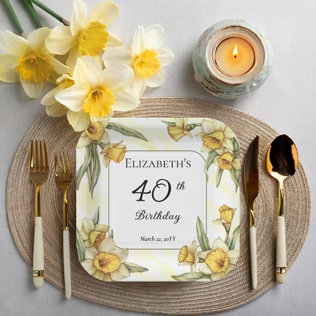 Elegant Yellow Daffodils Floral 40th Birthday Paper Plate (Elegant Yellow Daffodils Floral 40th Birthday Party Square Paper Plates)