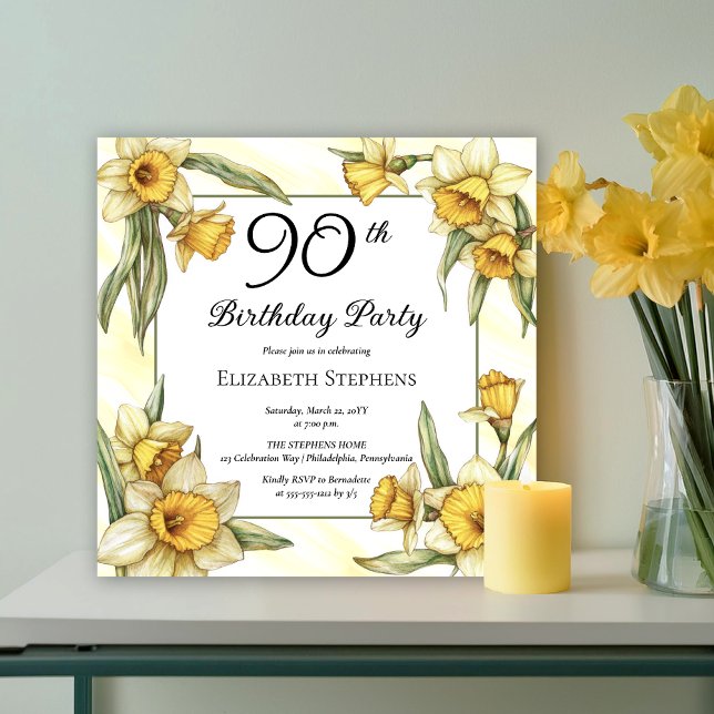 Elegant Yellow Daffodils Floral 90th Birthday Invitation (Elegant Yellow Daffodils Floral 90th Birthday Party Invitation -- Print | Download)