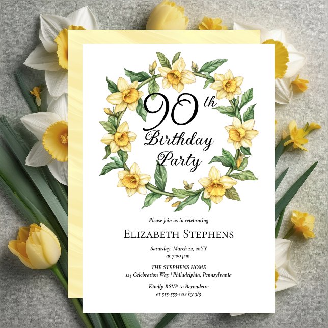 Elegant Yellow Daffodils Floral 90th Birthday Invitation (Elegant Yellow Daffodils Floral 90th Birthday Party Invitation -- Print | Download)
