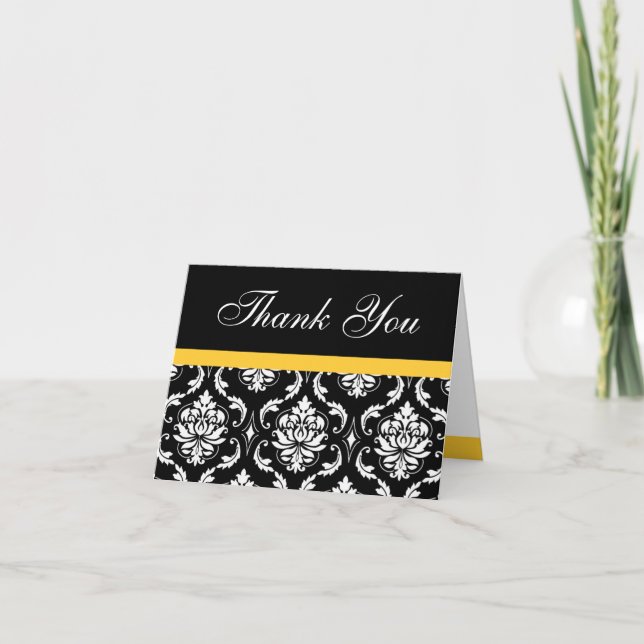 Elegant Yellow Damask Monogram Wedding Thank You (Front)