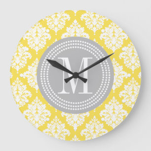 Elegant Yellow Damask Personalised Large Clock