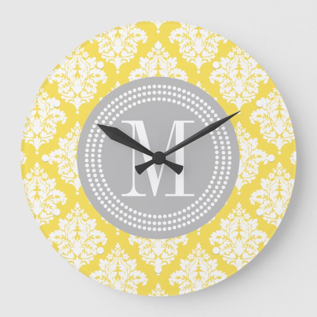 Elegant Yellow Damask Personalised Large Clock (Front)