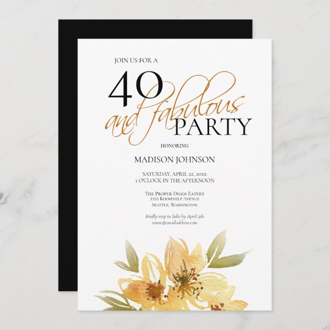Elegant Yellow Floral 40 and Fabulous Birthday Invitation (Front/Back)
