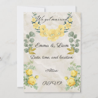 Elegant Yellow Floral and Marble Wedding Invitatio Card