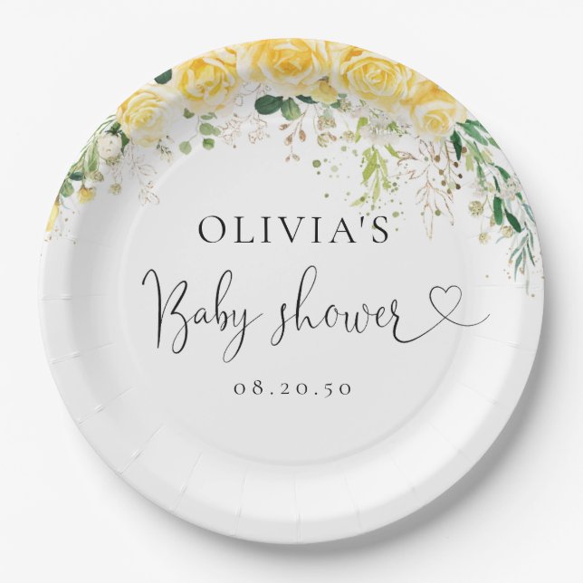 Elegant Yellow Floral Baby Shower Paper Plate (Front)