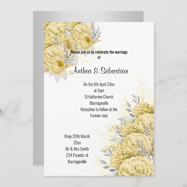 ELEGANT YELLOW FLORAL  BOUQUET  MODERN WEDDING INVITATION (Front/Back)