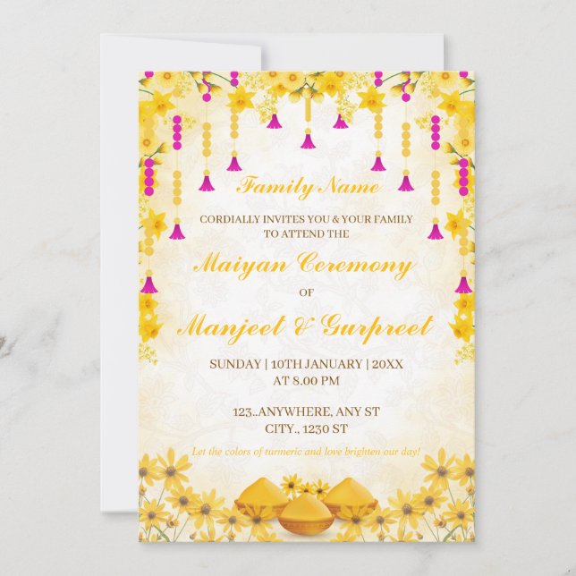 Elegant Yellow Floral Maiyan Ceremony Invitation (Front)