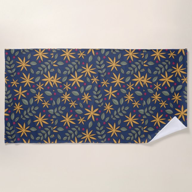 Elegant Yellow Floral Pattern on Blue Beach Towel (Front)