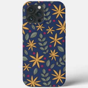 Elegant Yellow Floral Pattern on Blue iPhone 13 Pro Max Case