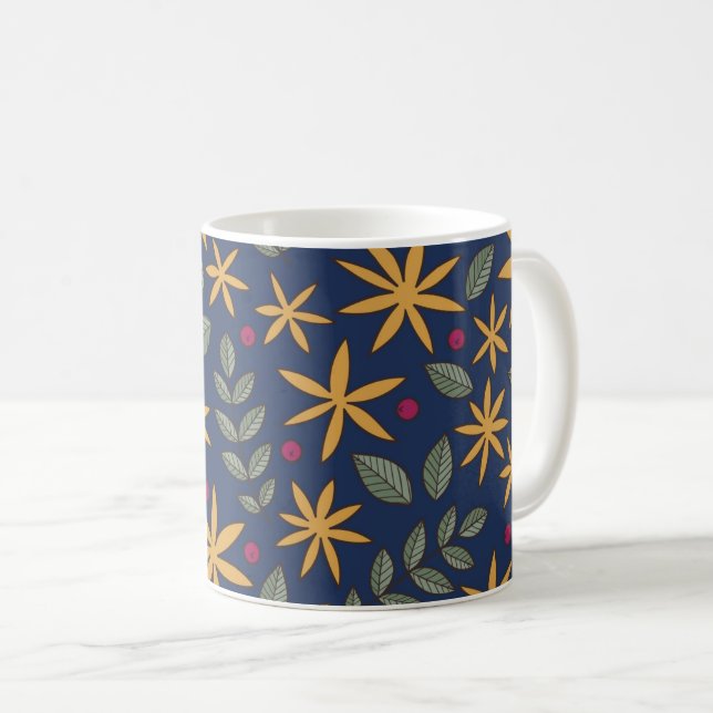 Elegant Yellow Floral Pattern on Blue Coffee Mug (Front Right)