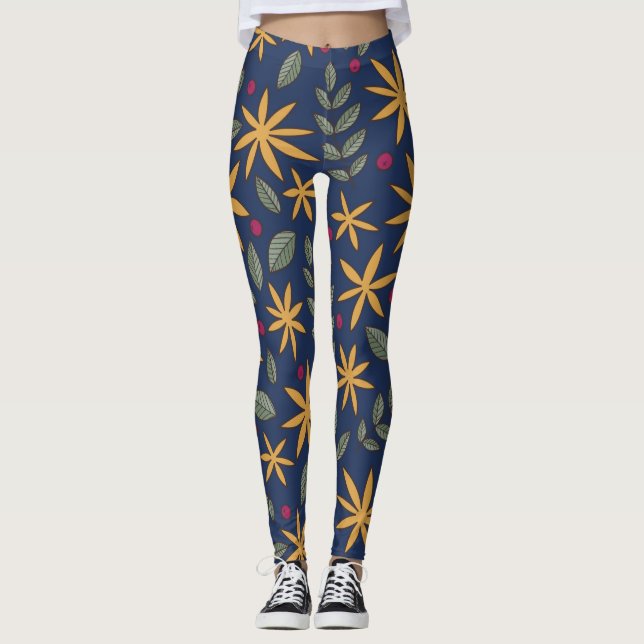 Elegant Yellow Floral Pattern on Blue Leggings (Front)