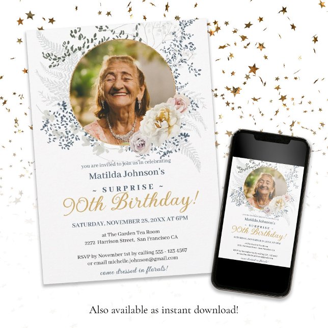 Elegant Yellow Floral Photo Surprise 90th Birthday Invitation (Surprise 90th Birthday Elegant Yellow Floral Photo Invitation)