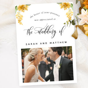 Elegant Yellow Floral, Photo Wedding Flat Thank You Card