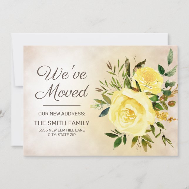 Elegant Yellow Floral Roses Change Address   Announcement (Front)