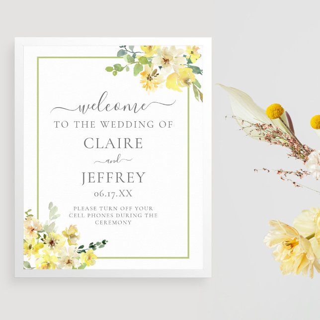 Elegant Yellow Floral Sage Green Summer Wedding Poster (Creator Uploaded)