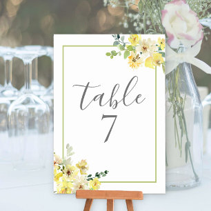 Elegant Yellow Floral Sage Green Summer Wedding Table Number