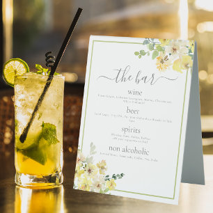 Elegant Yellow Floral Sage Green Wedding Bar Menu